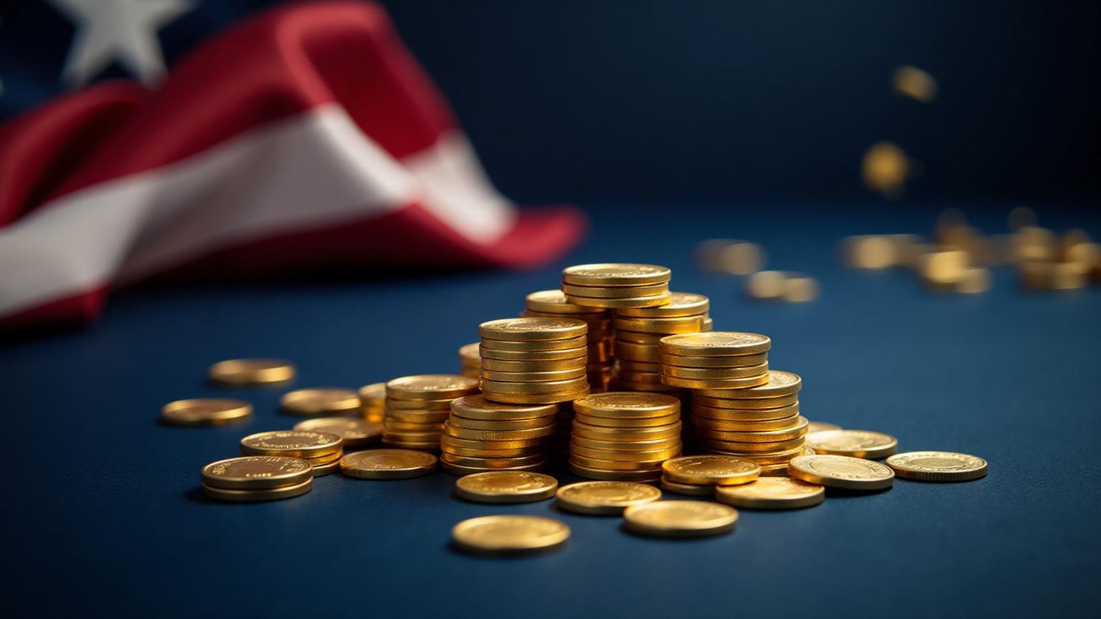 Gold bullion bars and American Eagle coins stacked on a dark surface